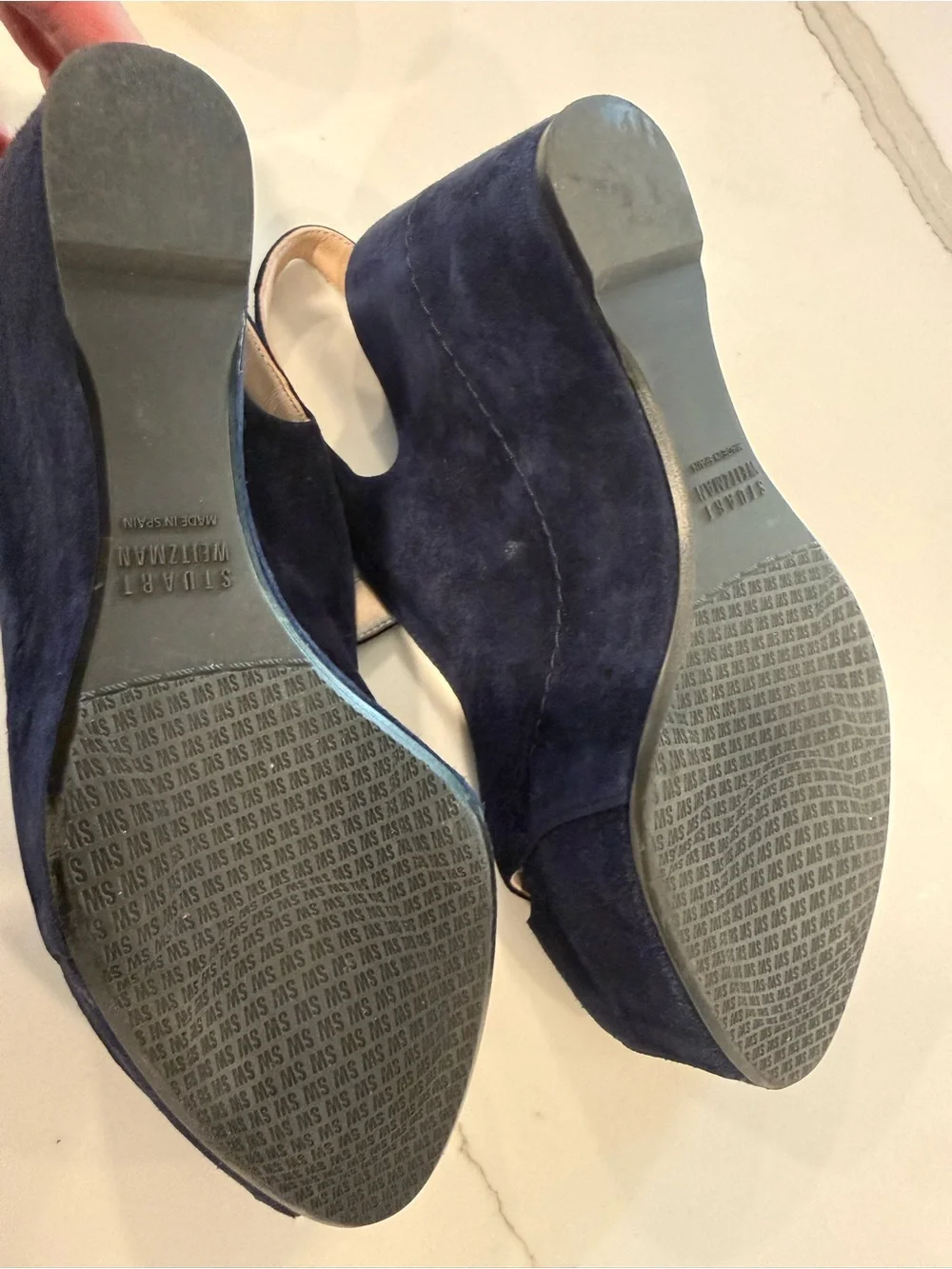 Stuart Weitzman Women’s Navy Suede Wedge Peep Toe Sandals with Ankle Strap 10
